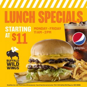 Buffalo Wild Wings lunch combos with traditional wings, boneless wings, bacon patty melt, and all-American cheeseburger served with fries and drink on a wooden table