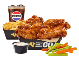 Buffalo Wild Wings lunch combos with traditional wings, boneless wings, bacon patty melt, and all-American cheeseburger served with fries and drink on a wooden table