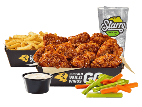 Buffalo Wild Wings lunch combos with traditional wings, boneless wings, bacon patty melt, and all-American cheeseburger served with fries and drink on a wooden table
