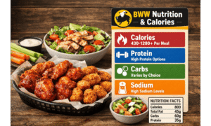 Buffalo Wild Wings nutrition guide showing calories, protein, carbs, and sodium for wings and grilled menu items

