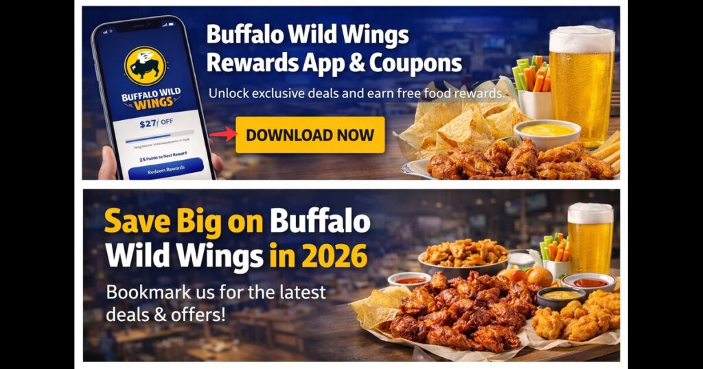 Buffalo Wild Wings rewards app showing coupons and exclusive deals for 2026
