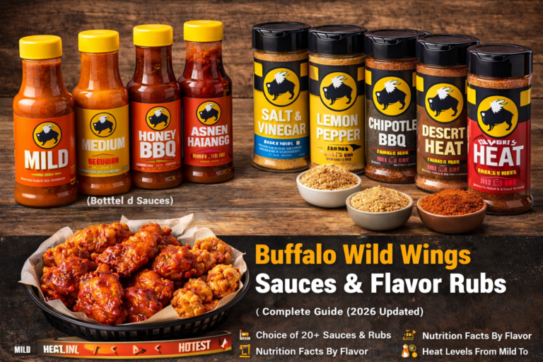 Buffalo Wild Wings sauces and flavor rubs with heat levels and nutrition facts updated for 2026