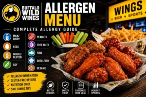 Buffalo Wild Wings Allergen Menu 2026 showing traditional wings, boneless wings, French fries, common food allergens, gluten-free options, nutrition information, and safe dining guide.