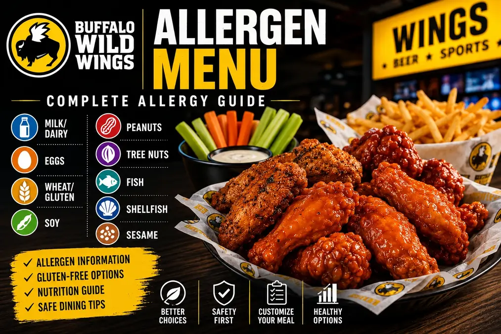 Buffalo Wild Wings Allergen Menu 2026 showing traditional wings, boneless wings, French fries, common food allergens, gluten-free options, nutrition information, and safe dining guide.