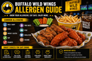 Buffalo Wild Wings Allergen Guide featuring common food allergens including milk, eggs, wheat, soy, peanuts, tree nuts, fish, shellfish, sesame, traditional wings, fries, vegetables, and safe dining tips.